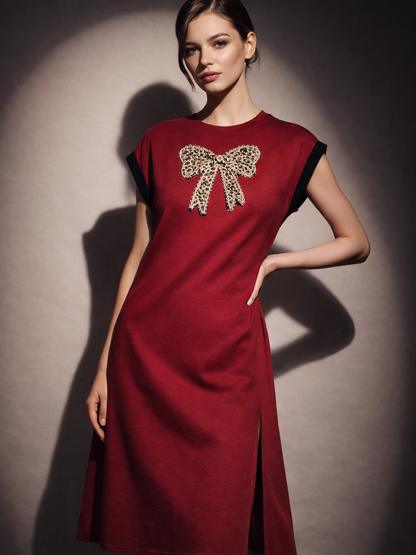 Embellished Bow Midi T-Shirt Dress