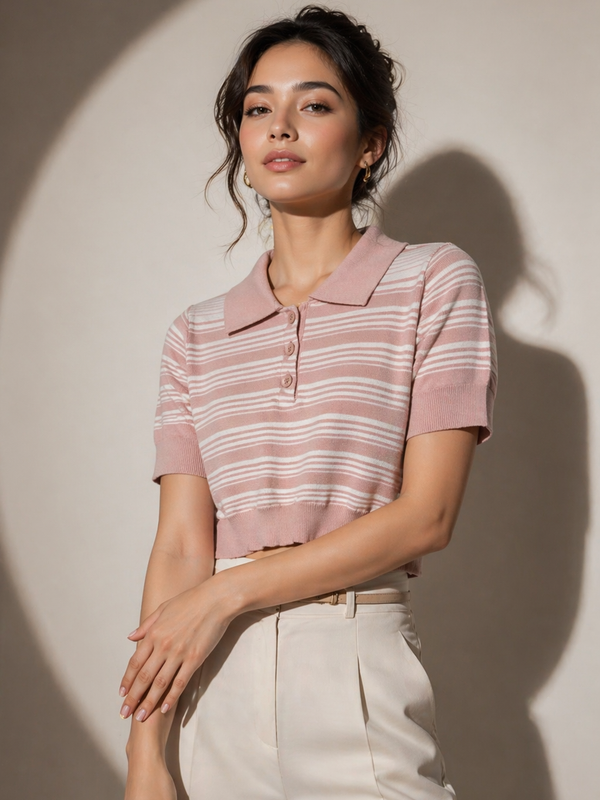 Striped Knit Polo Top