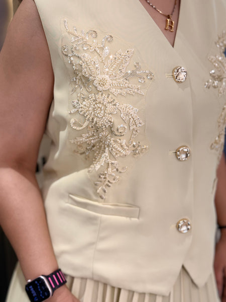 Embroidered Vest & Pleated Midi Skirt Set