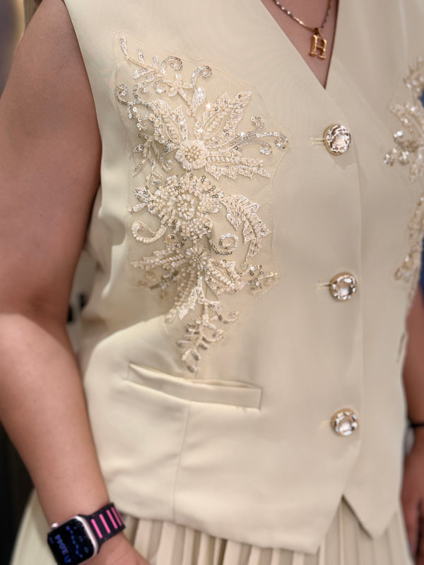 Embroidered Vest & Pleated Midi Skirt Set