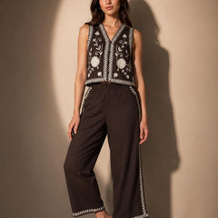 Embroidered Sleeveless Waistcoat & Wide-Leg Trouser Set