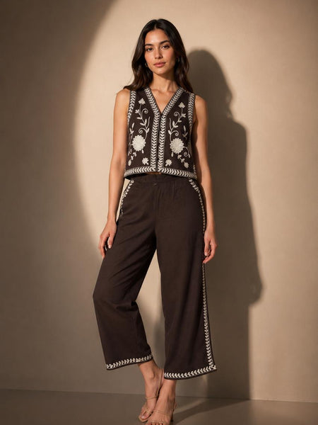 Embroidered Sleeveless Waistcoat & Wide-Leg Trouser Set