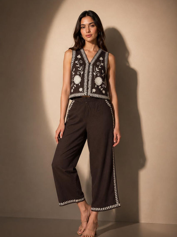 Embroidered Sleeveless Waistcoat & Wide-Leg Trouser Set