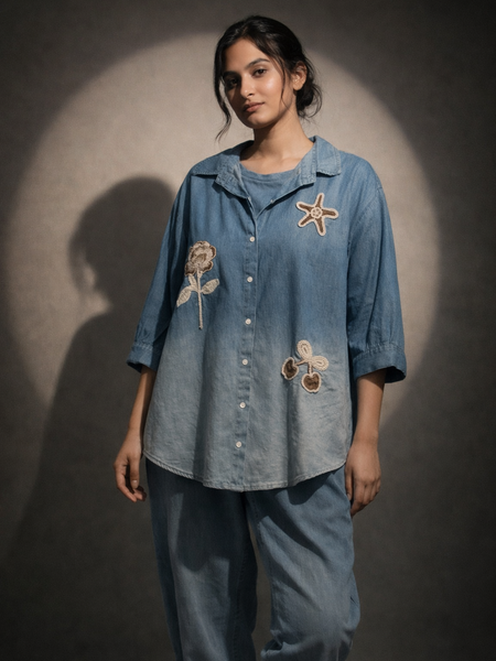 Embroidered Relaxed Fit Shirt with Wide-Leg Trousers