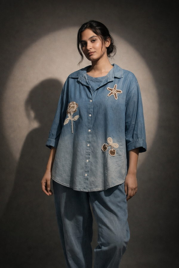 Embroidered Relaxed Fit Shirt with Wide-Leg Trousers
