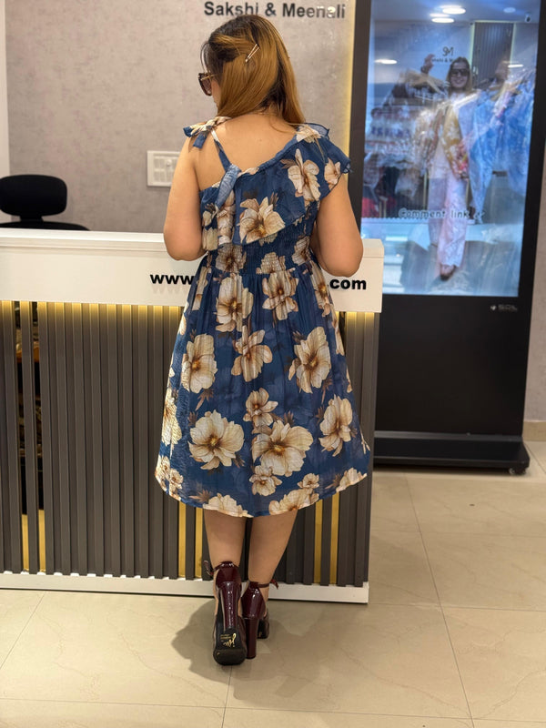 Asymmetric Ruffle Floral Midi Dress