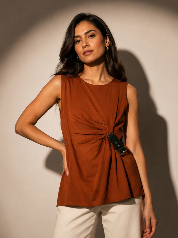 Asymmetric Buckle Detail Draped Top