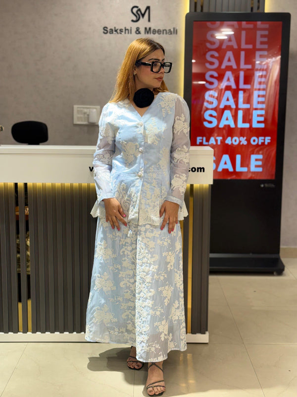 Embroidered Sheer Peplum Top and Flowing Skirt Set