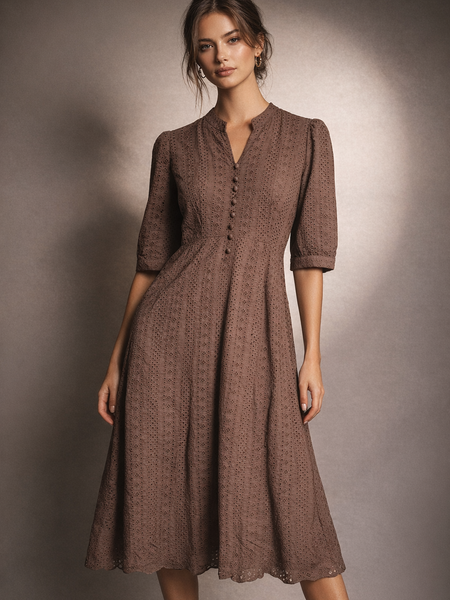 Broderie Midi Dress with Button Detail