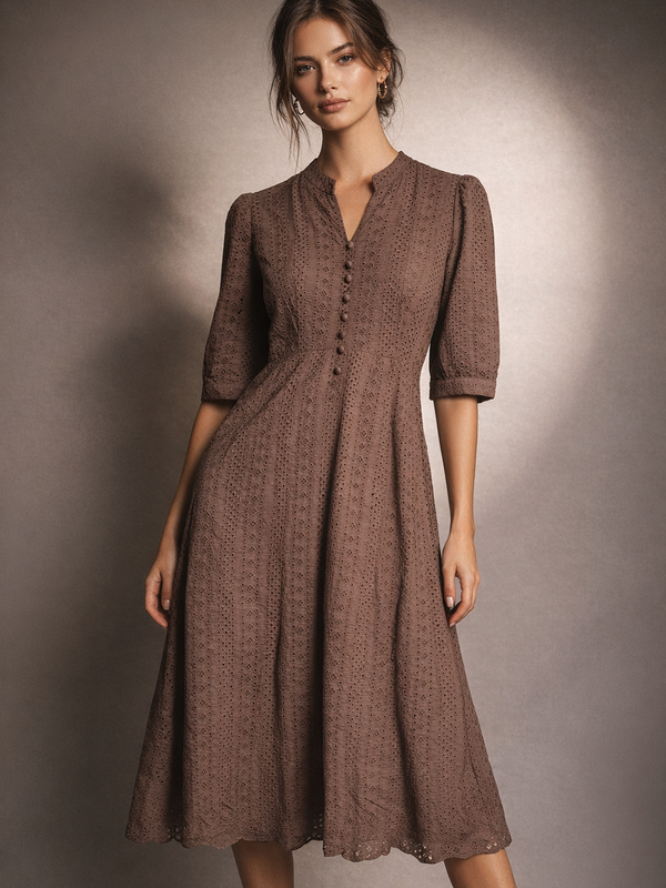 Broderie Midi Dress with Button Detail