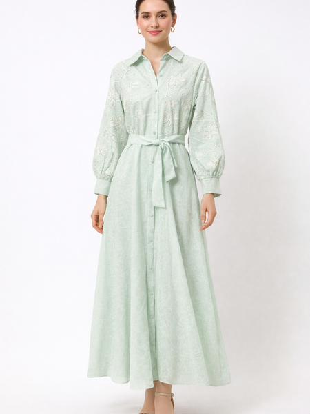 Embroidered Belted Maxi Shirt Dress