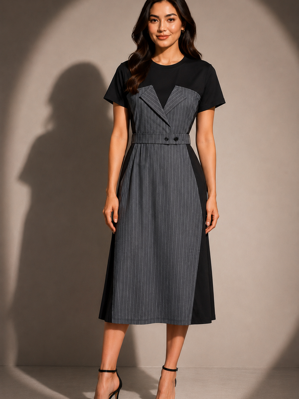 Pinstripe Panel Midi Dress