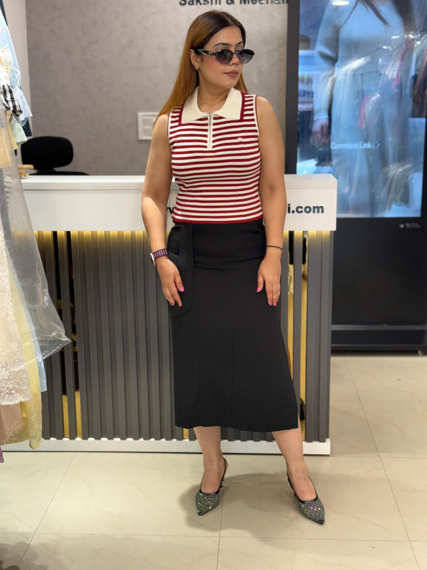 Striped Knit Zip-Collar Top & Structured Midi Skirt Set