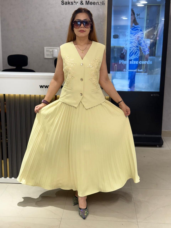 Embroidered Vest & Pleated Midi Skirt Set