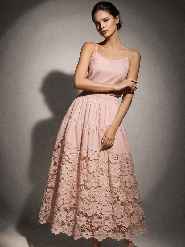 Tiered Lace Hem Midi Skirt