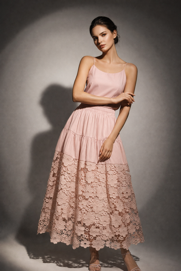 Tiered Lace Hem Midi Skirt