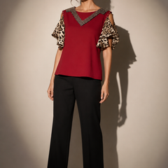 Embellished Trim Animal Print Top