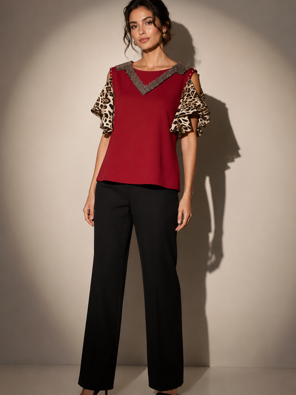 Embellished Trim Animal Print Top