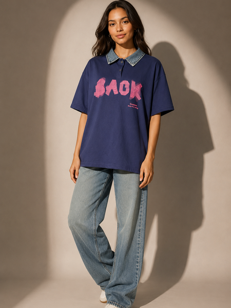 Oversized Polo T-Shirt with Contrast Collar Detail
