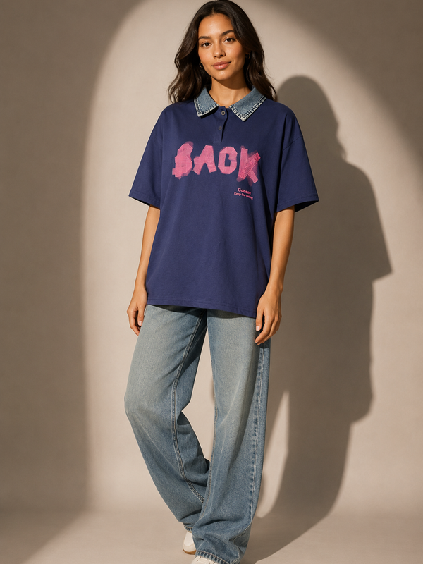Oversized Polo T-Shirt with Contrast Collar Detail