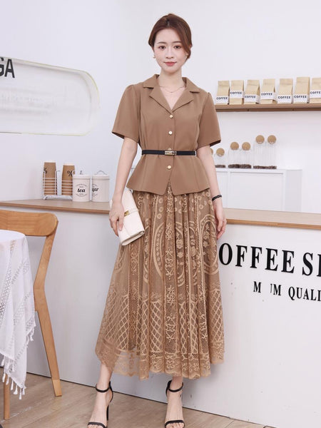 Structured Short-Sleeve Jacket with Lace Midi Skirt