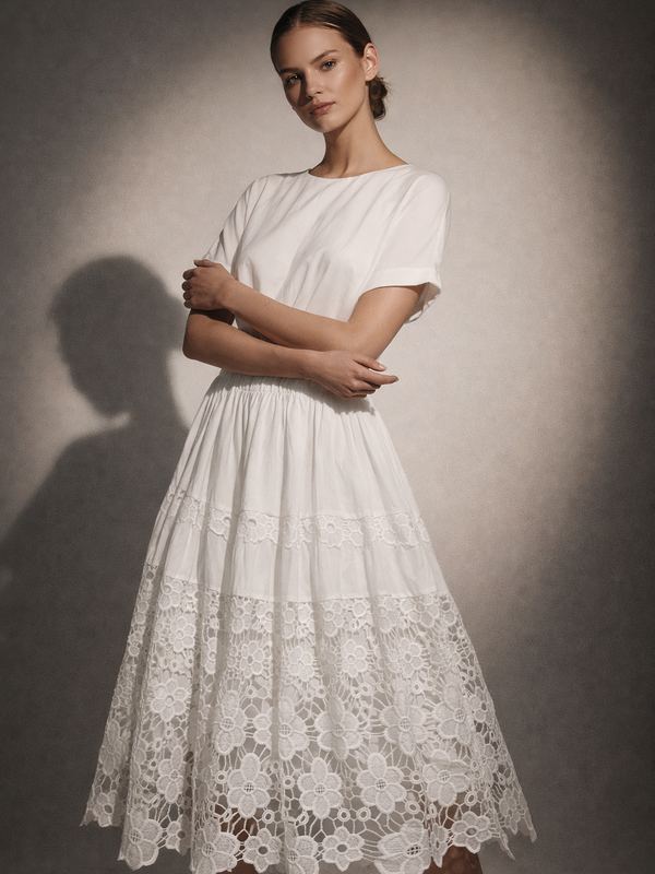 Tiered Lace Hem Midi Skirt