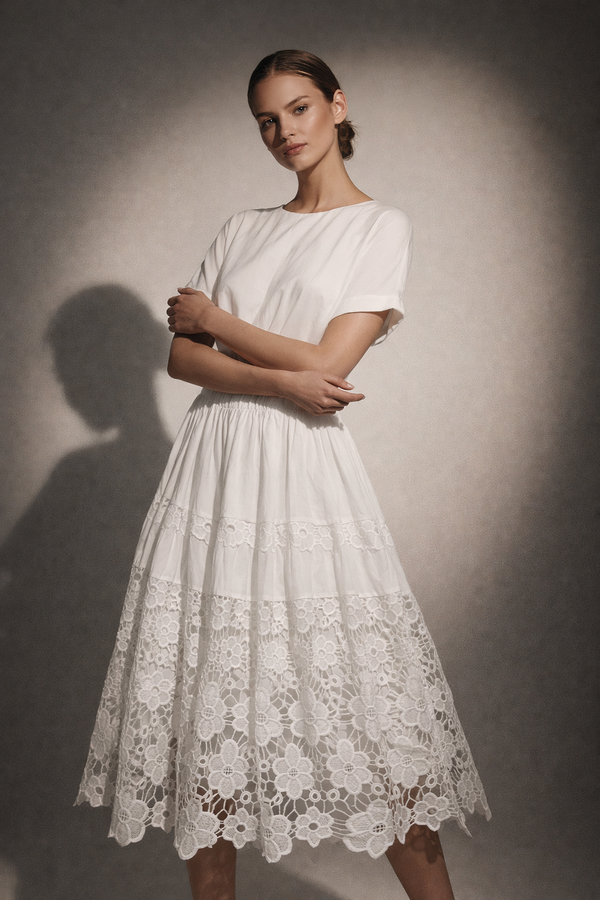 Tiered Lace Hem Midi Skirt