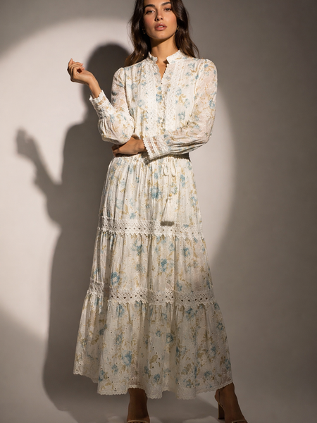 Embroidered Lace-Detail Midi Dress