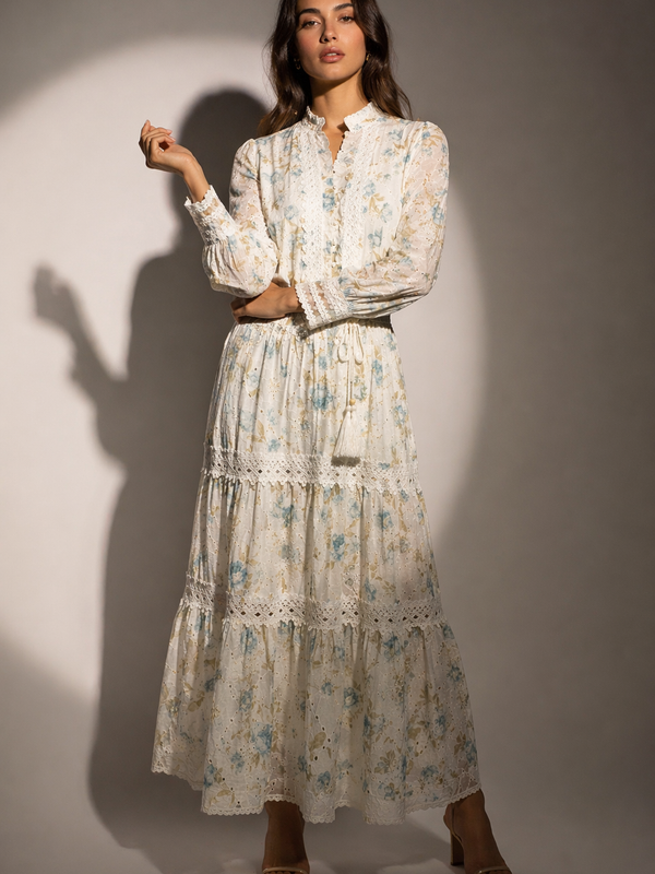 Embroidered Lace-Detail Midi Dress