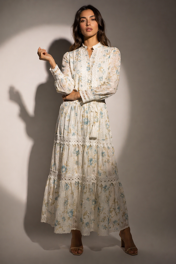 Embroidered Lace-Detail Midi Dress