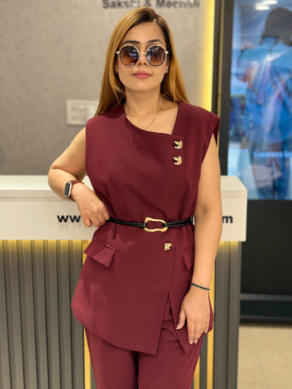 Structured Linen Blend Top with Belted Waist & Straight-Leg Trousers Set