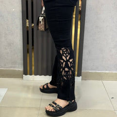 Lace Panel Straight-Leg Trousers