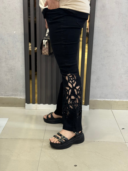 Lace Panel Straight-Leg Trousers