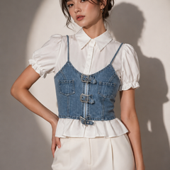 Layered Denim Corset Top with Shirt