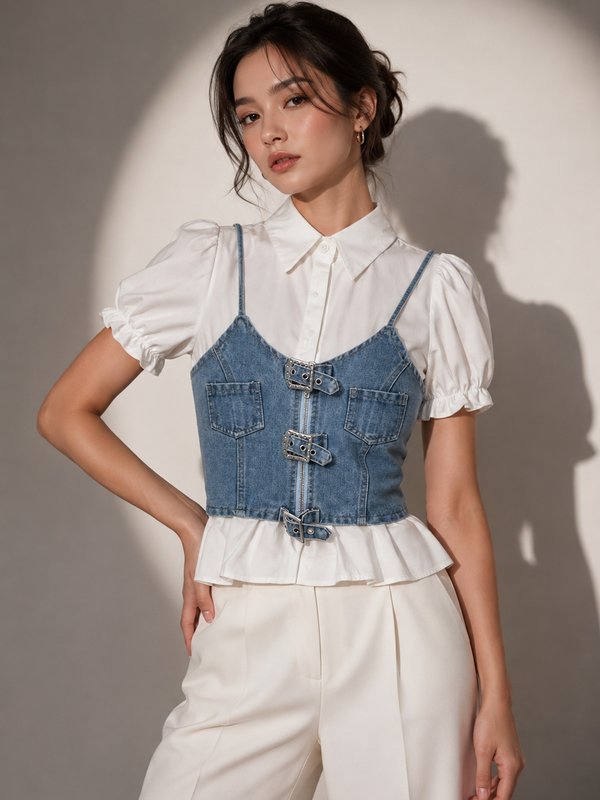 Layered Denim Corset Top with Shirt