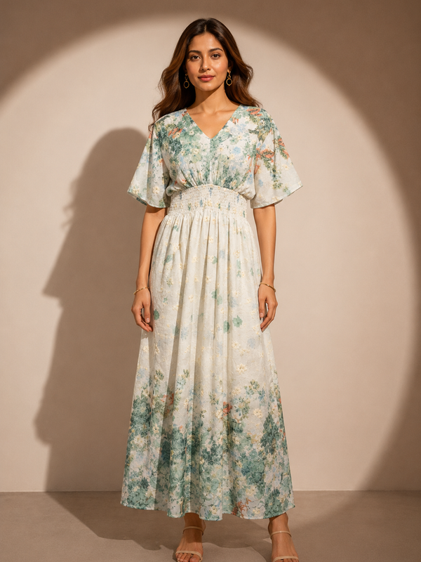 Floral V-Neck Smocked Maxi Dress