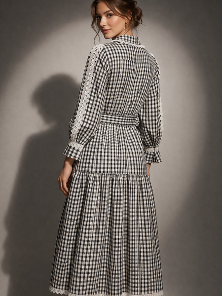 Lace Panel Check Long dress