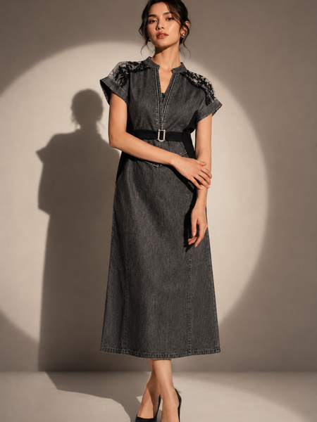 Structured Lace-Panel Midi Dress