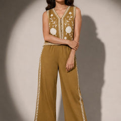 Embroidered Sleeveless Waistcoat & Wide-Leg Trouser Set