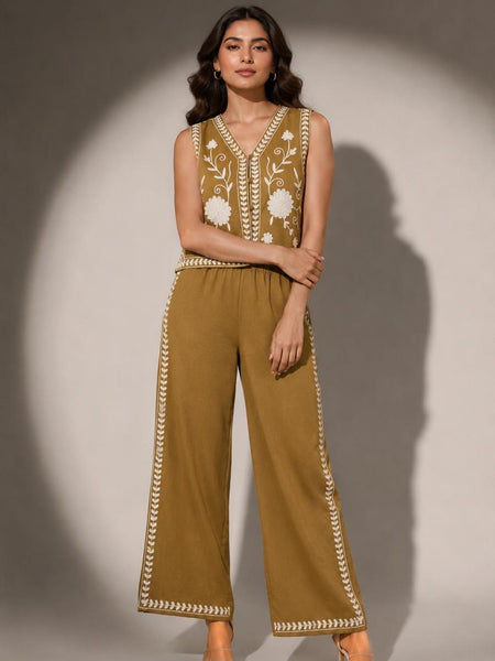 Embroidered Sleeveless Waistcoat & Wide-Leg Trouser Set