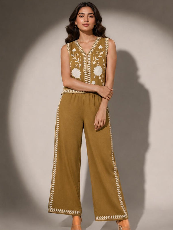Embroidered Sleeveless Waistcoat & Wide-Leg Trouser Set