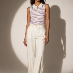 Striped Knit Polo Top with Zip Placket