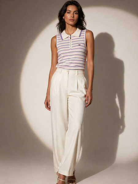 Striped Knit Polo Top with Zip Placket