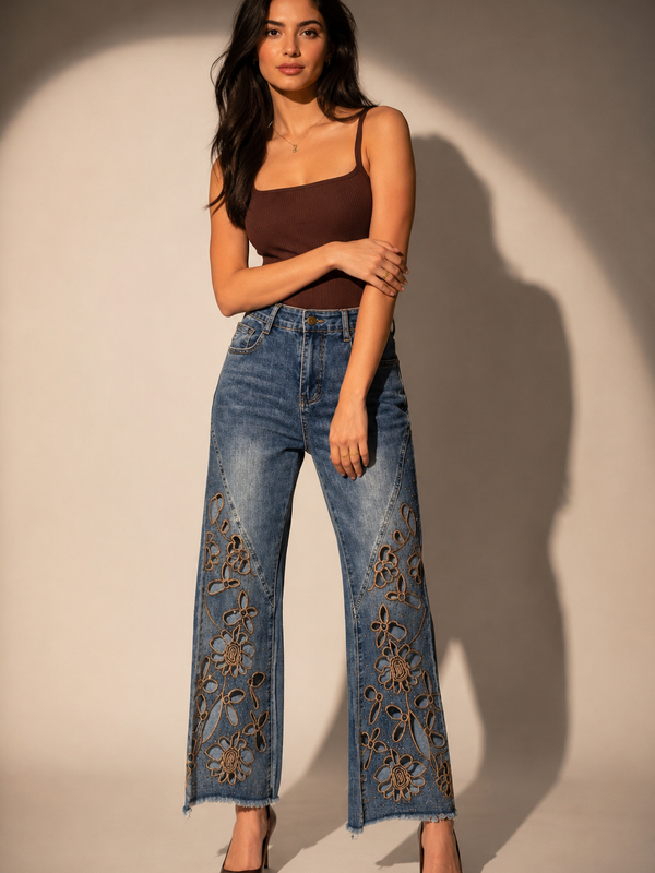 Floral Embroidered Wide-Leg Jeans