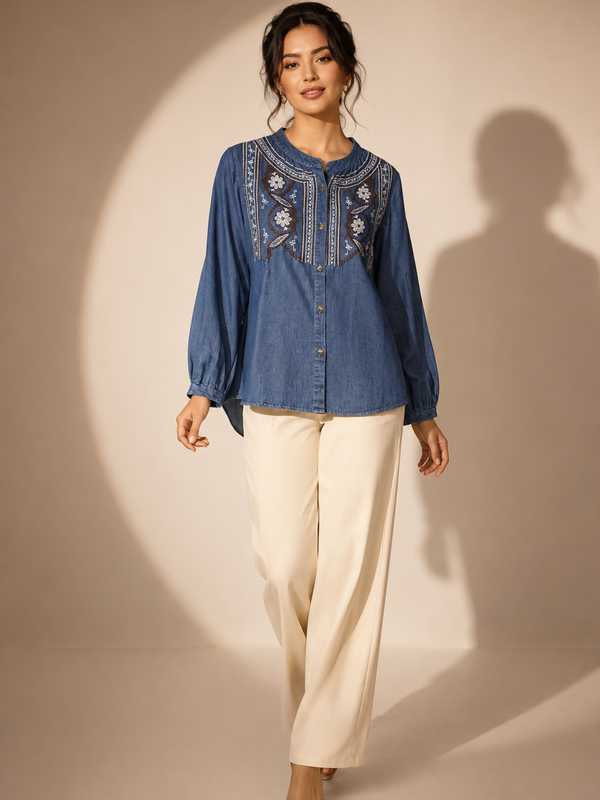 Embroidered Chambray Blouse