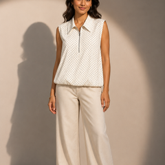 Sleeveless Polka Dot Zip-Neck Top