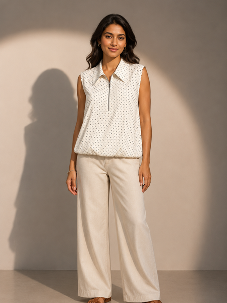 Sleeveless Polka Dot Zip-Neck Top