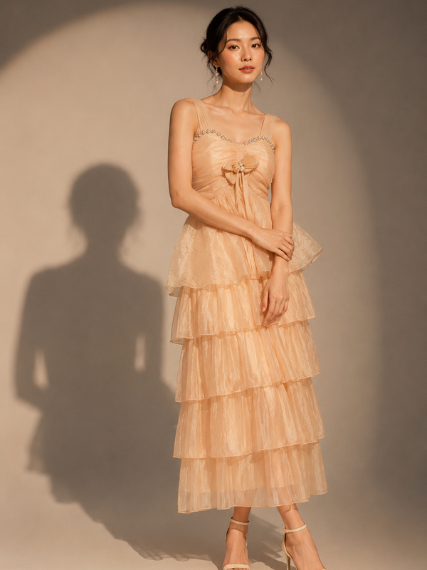 Midi Dress with Embellished Neckline