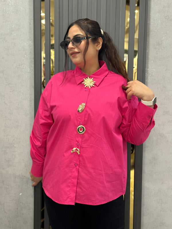 Oversized Satin-Effect Shirt with Jewel Appliqué