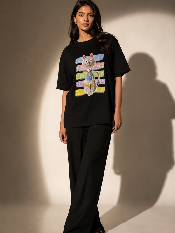 Oversized Cat Graphic T-Shirt